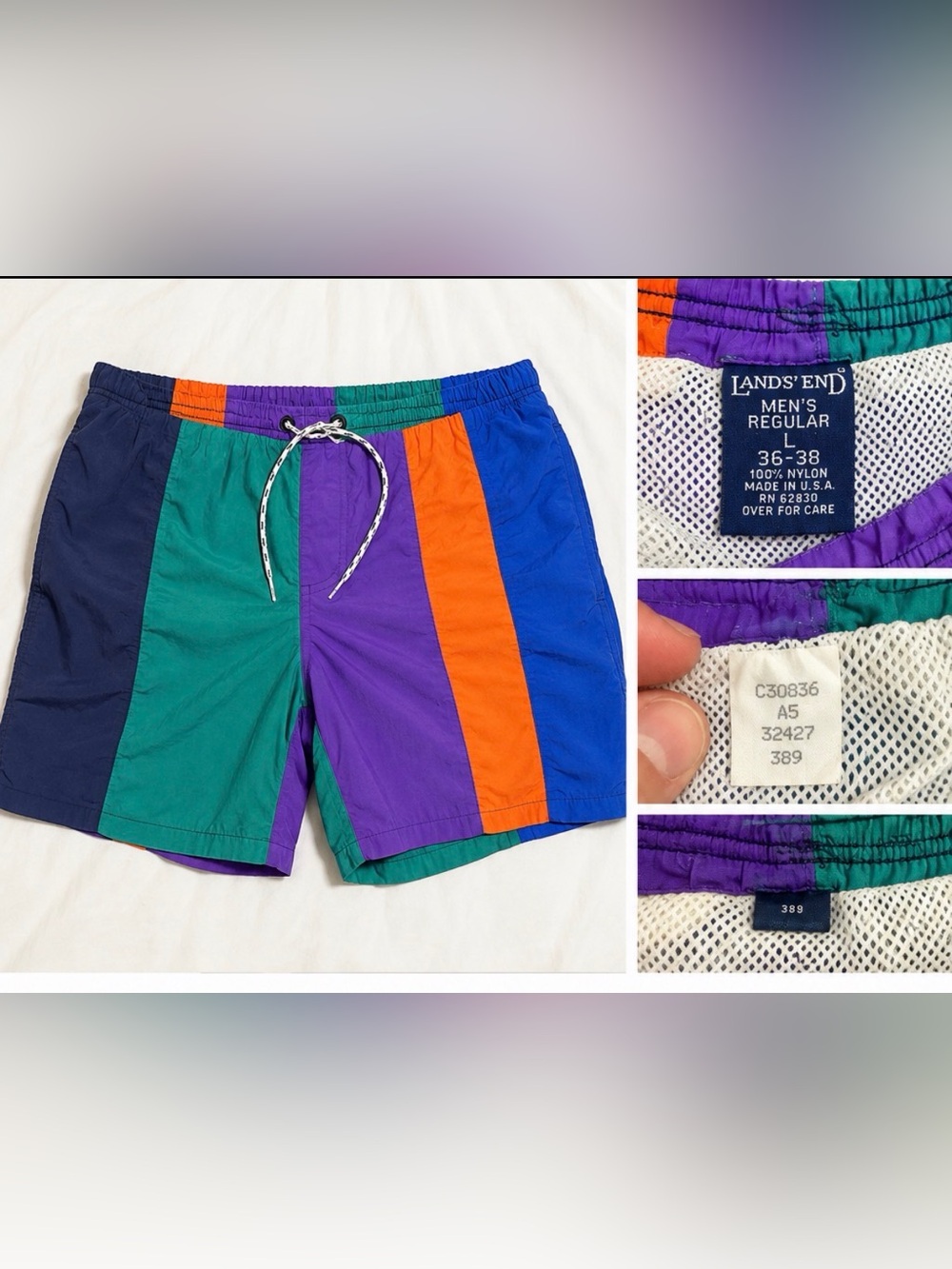 VTG 90s Lands' End Colorblock Swim Trunks Large 36-38 Made in USA Teal Purple